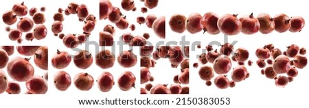 A set of photos. Ripe pomegranates levitate on a white background