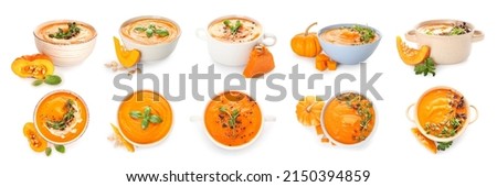 Set of tasty pumpkin cream soup on white background