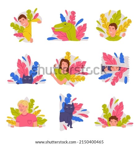 People and Animals Peeking Out of Window and Corner with Colorful Foliage Vector Set