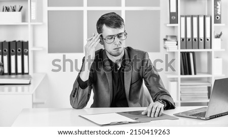 Office worker guy sit table laptop computer, solving problem concept