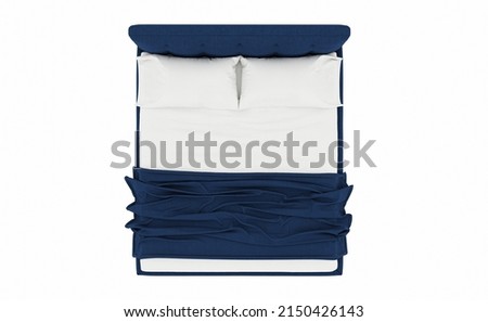 Closeup Top view on blue fabric Bed with White blanket fabric modern contemporary isolate on white background. Royalty-Free Stock Photo #2150426143