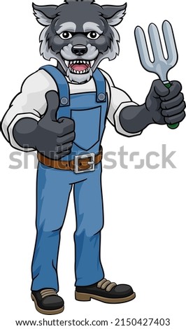 A wolf gardener cartoon gardening animal mascot holding a garden fork tool and giving a thumbs up