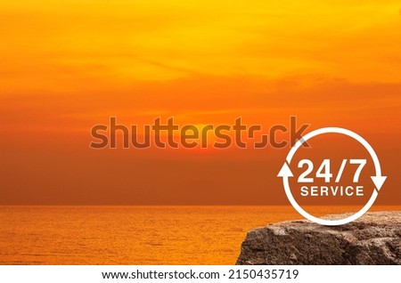 24 hours service flat icon on rock mountain over sunset sky and sea, Business full time service concept