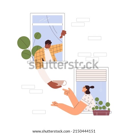 Neighbors help, support, food sharing concept. Good neighborhood, friendship. Man and woman neighbours friends in open windows of coliving dorm. Flat vector illustration isolated on white background Royalty-Free Stock Photo #2150444151