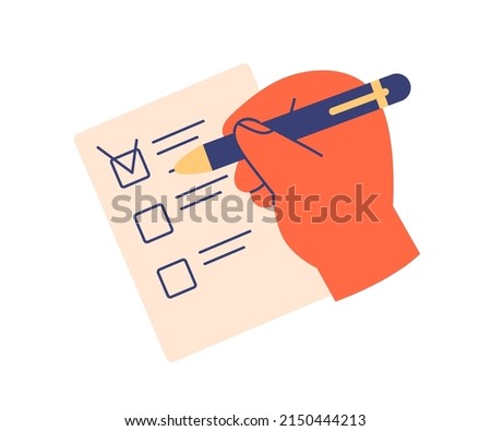 Hand with pen ticking done tasks with mark in check box of to do list. Filling form with checkboxes, choosing answer on sheet of paper, document. Flat vector illustration isolated on white background Royalty-Free Stock Photo #2150444213