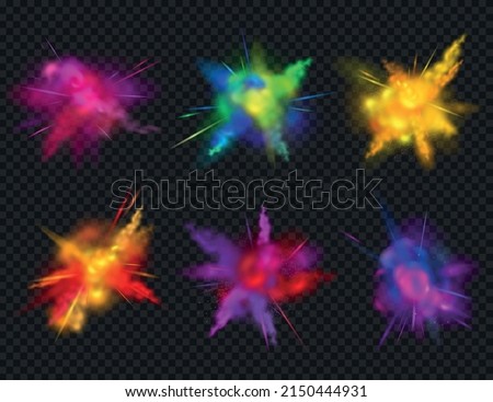 Realistic colored splashes transparent icon set with six powder splashes on dark background vector illustration Royalty-Free Stock Photo #2150444931