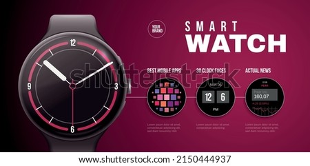 Smart watch horizontal poster with actual news and best mobile apps functions realistic vector illustration