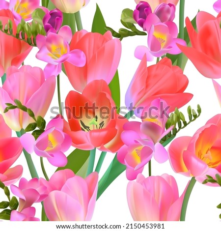 Seamless pattern with tulip and freesia flowers. Background for printing fabrics, paper, textiles. Vector flowers. Spring summer pattern