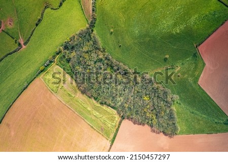 Top Down over Fields and Farmlands, English Village, Devon, England, Europe