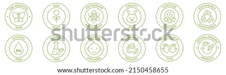 Organic Cosmetic Nature Product Line Green Stamp Set. Eco Friendly Bio Natural Cosmetic Outline Sticker. Healthy Hypoallergenic Product Label. Organic Certified Seal. Isolated Vector Illustration. Royalty-Free Stock Photo #2150458655