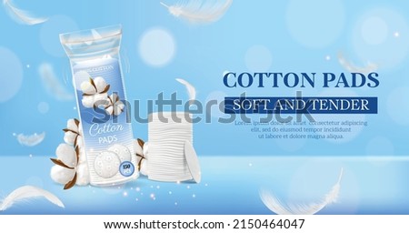 Realistic cosmetic cotton pads horizontal poster with cotton pads soft and tender headline vector illustration Royalty-Free Stock Photo #2150464047