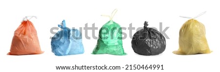 Set with different trash bags full of garbage on white background. Banner design Royalty-Free Stock Photo #2150464991