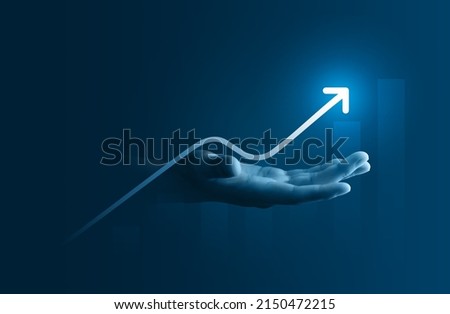 Hand growth arrow symbol business up background of success graph financial profit stock diagram or growing economy investment income target and goal increase achievement on development strategy chart.