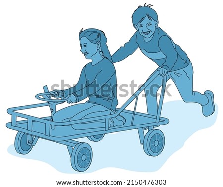 Toddlers boy and girl playing outside in the school yard with a push cart, illustration in one color