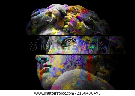 A cool abstract edit of the Statue of David in colorful paint stains with the eye part sliced to the right