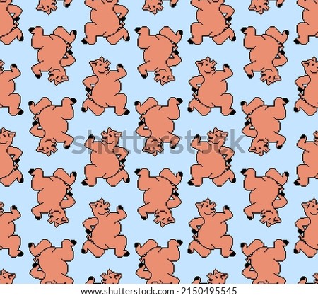 Running pig pixel art pattern seamless. 8 bit swine run background. pixelated Baby fabric ornament
