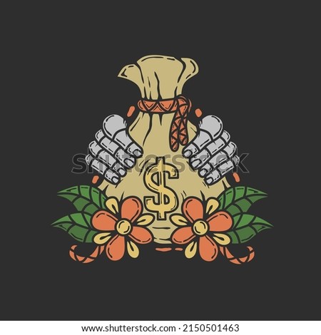 skull hand vector design holding a sack of money with flower and leaf elements.nice design to print on t-shirts