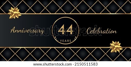 44 Year Anniversary Celebration with Gold Bow for Celebration Events, Wedding, greeting card, birthday party, and Invitation Isolated on Black Background. 44 Years Anniversary Logotype Vector