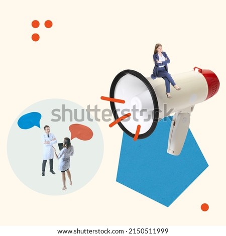 Contemporary art collage. Business people, research department working on new strategy, creating new technological services. Concept of business, career development, growth, modern IT company