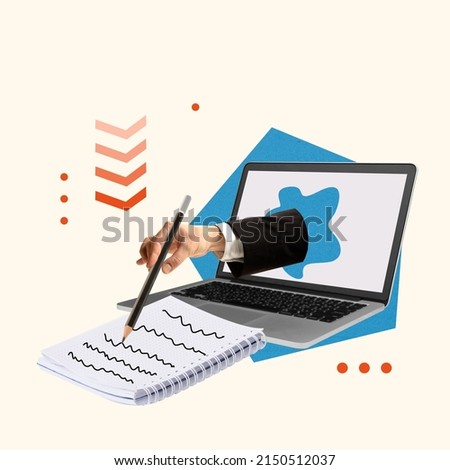 Contemporary art collage. Hand sticking out laptop and writing down business notes. Online negotiations and meetings. Worldwide cooperation. Concept of communication, strategy, success Royalty-Free Stock Photo #2150512037