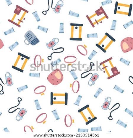 Seamless pattern with cat pet accessories in cartoon flat style. Colorful carrier bag, scratching post, collar, kitty house, puppy leash on white background