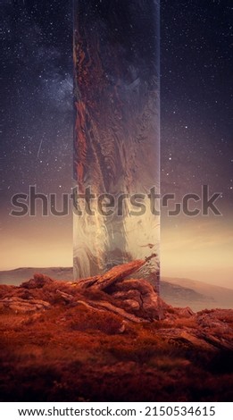 Mystical sunset in the desert. Landscape of land with stones and cloudy starry sky with futuristic design elements. Concept of art, creativity, surrealism. Design for wallpaper, poster, picture Royalty-Free Stock Photo #2150534615