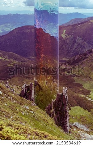 Nature. Spring landscape of mountains covered with grass and cloudy sky with futuristic design elements. Design for wallpaper for device screen, poster, picture. Concept of art, creativity, surrealism