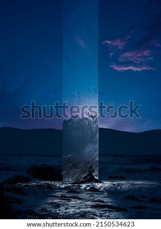 Night summer landscape of sea coast and cloudy evening sky with futuristic design elements. Design for wallpaper for your device screen, poster, picture. Concept of art, creativity, surrealism Royalty-Free Stock Photo #2150534623