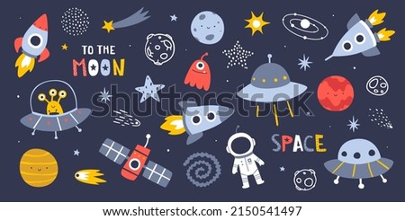 Cute outer space set. Cosmic bundle with doodle spaceships and planet. Collection of naive stellar stickers. Royalty-Free Stock Photo #2150541497