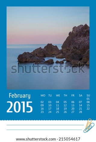 2015 photo calendar with minimalist landscape. February.