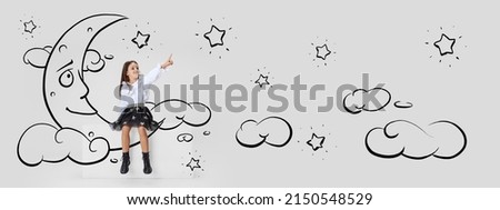 Cute dreamer. Flyer. Creative artwork. Little girl sitting on drawn moon and dreaming. Concept of emotions, ideas, imagination, international children's day. Happy kid dreaming, studying, having fun