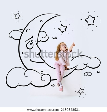 At dream. Creative artwork. Little girl sitting on drawn moon and dreaming. Concept of emotions, ideas, imagination, international children's day. Happy kid dreaming, studying, having fun