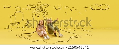 Vacation, holdays. Flyer with two kids, little boy and girl talking, dreaming isolated on yellow background with drawings. Concept of emotions, ideas, imagination, international children's day.