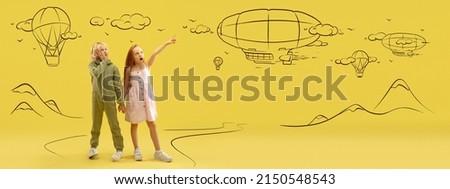 Flights in dream and in reality. Flyer with little boy and girl talking, dreaming isolated on yellow background with drawing, pencil sketch. Concept of ideas, imagination, international children's day