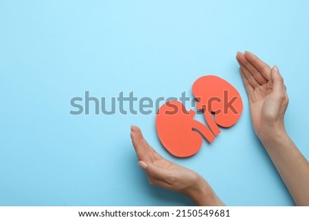 Woman protecting paper cutout of kidneys on light blue background, top view. Space for text Royalty-Free Stock Photo #2150549681