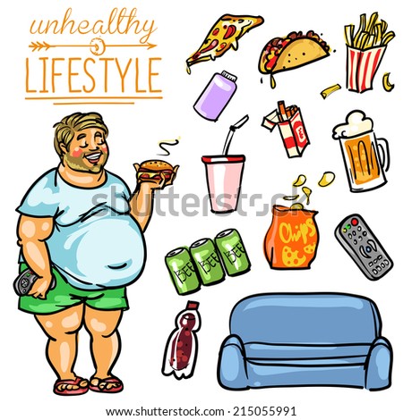Unhealthy Lifestyle. Hand drawn cartoon collection