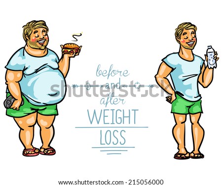 Man before and after weight loss. Cartoon funny characters