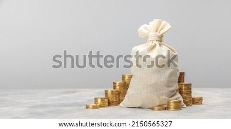 Money bag and coins steps up on a gray background. Template Copy space for text. mock-up; Royalty-Free Stock Photo #2150565327