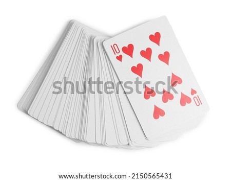 Playing cards and ten of hearts on white background, top view