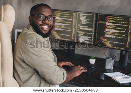 Profile side view portrait of attractive cheerful experienced smart clever guy editing data at workplace workstation indoors Royalty-Free Stock Photo #2150584633