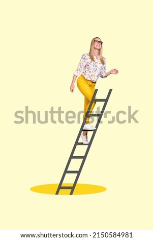 Photo collage of successful business lady go up draw ladder top manager professional boss leader chief isolated pop art cartoon graphics background Royalty-Free Stock Photo #2150584981
