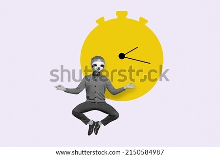 Freak pop artwork style photo collage male character wear sloth mask meditating in front of giant painted clock arrow fingers om gesture