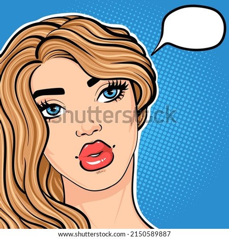 Pop art woman thinking with text cloud, illustration in pop art retro style