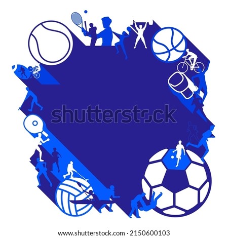Vector illustration of sports background design with sport players in different activities and space blank for text. football, hockey, volleyball, running, rugby, badminton, skiing, sailing yacht, 