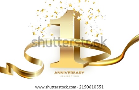1th Anniversary celebration. Gold numbers with glitter gold confetti, serpentine. Festive background. Decoration for party event. One year jubilee celebration. Vector illustration. Royalty-Free Stock Photo #2150610551