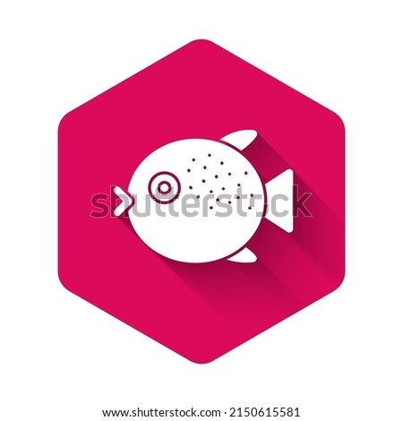 White Puffer fish icon isolated with long shadow. Fugu fish japanese puffer fish. Pink hexagon button. Vector