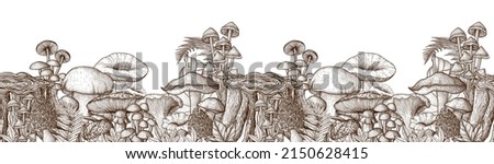 Seamless horizontal pattern mushrooms near the stump in the style of engraving. Linear graphic fly agaric, chanterelles, porcini mushrooms, honey mushrooms, morel, mycena, russula, boletus Royalty-Free Stock Photo #2150628415