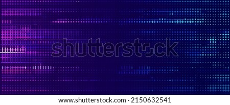 Wide Glitch Banner Background. Purple Cross Lines Pixels Design for Banners, Web Pages, Presentations. Purple Blue Bright Game Background. Vector Illustration. Royalty-Free Stock Photo #2150632541
