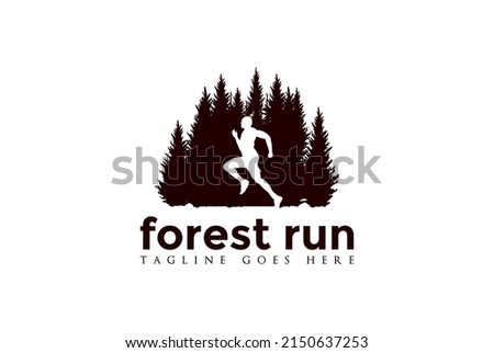 Pine Cedar Evergreen Conifer Larch Cypress Trees Forest with Marathon Running Man Male for Sport Logo Design Royalty-Free Stock Photo #2150637253
