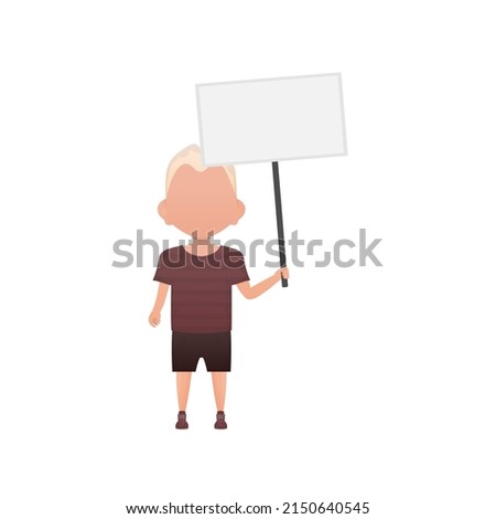 Cute little baby boy with a blank banner. Isolated. Vector illustration in cartoon style.